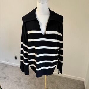 Banana Republic Black White Striped Collared Pullover Sweater Polo Large Preppy